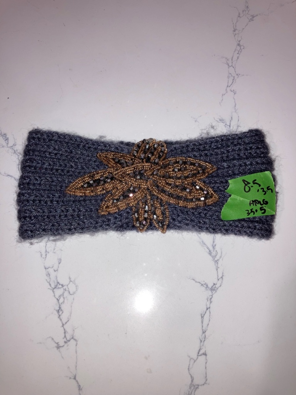 ($1 ADD ON) Grey Knit Headband w/ Gold Beaded Flower Appliqué